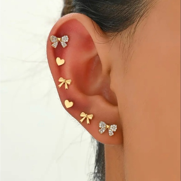 Jewelry - New 3 pairs of gold bow & Heart Stud Earrings, coquette bow jewelry, Bow studs